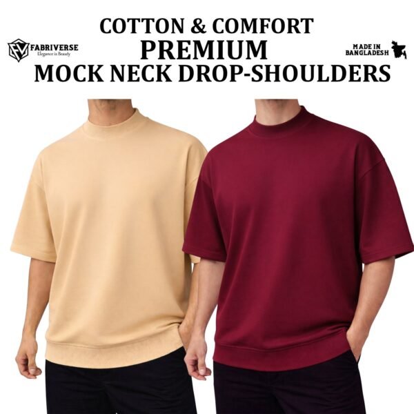 Mock Neck Drop-Shoulder (Beige-Maroon)